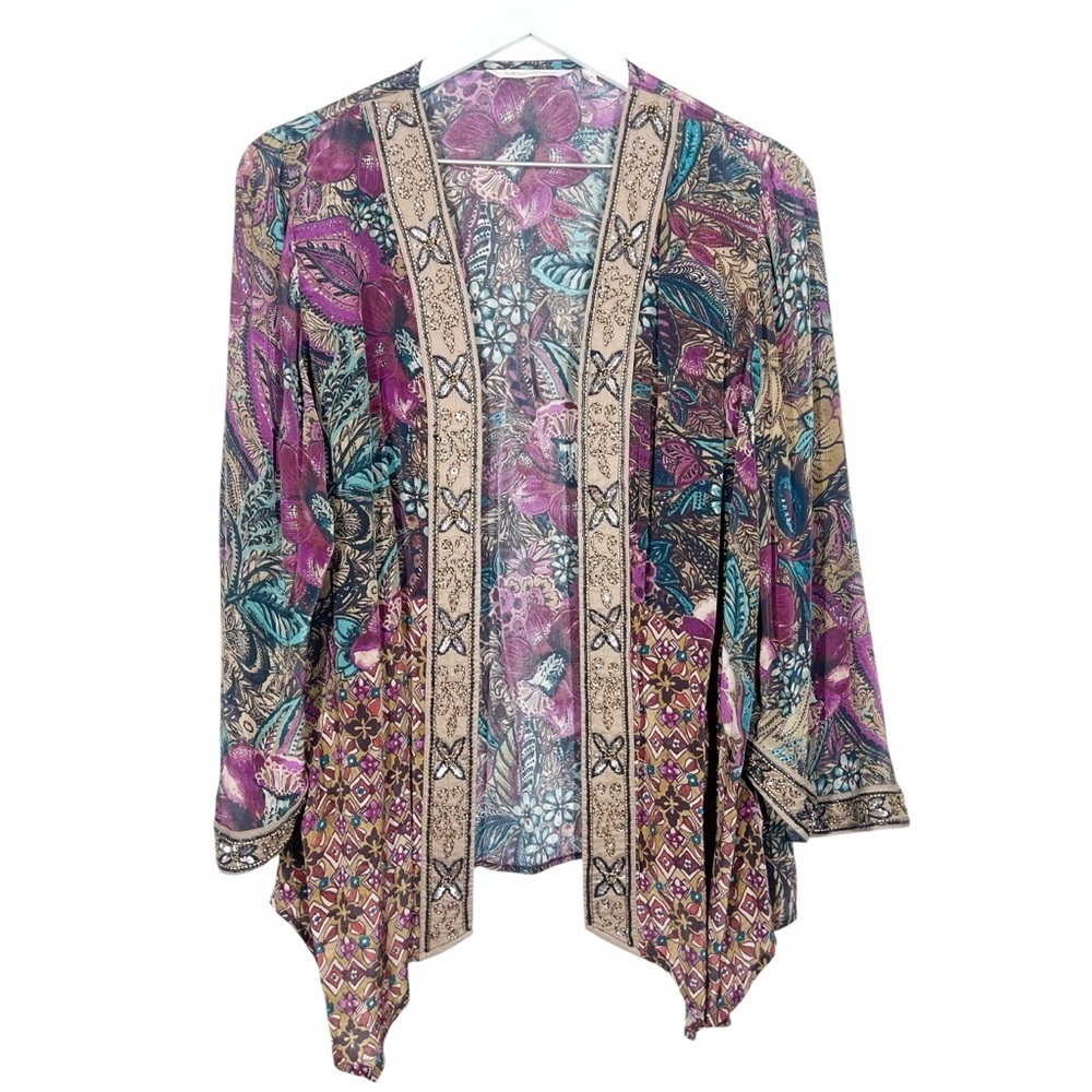 Soft Surroundings Womens Boho Beaded Open Front Blouse Floral Paisley Purple